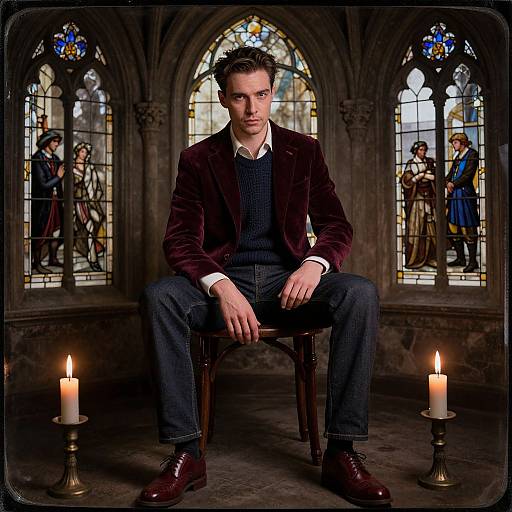 Photograph of a serious, fair-skinned man in a dark velvet blazer, blue sweater, and jeans, seated before lit candles in a go