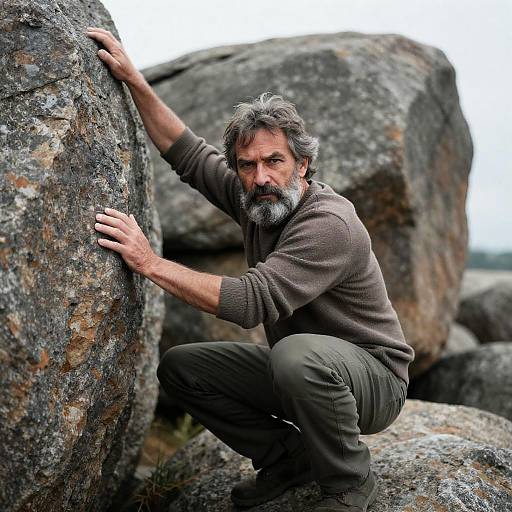 Crouching Man Among Rocky Boulders