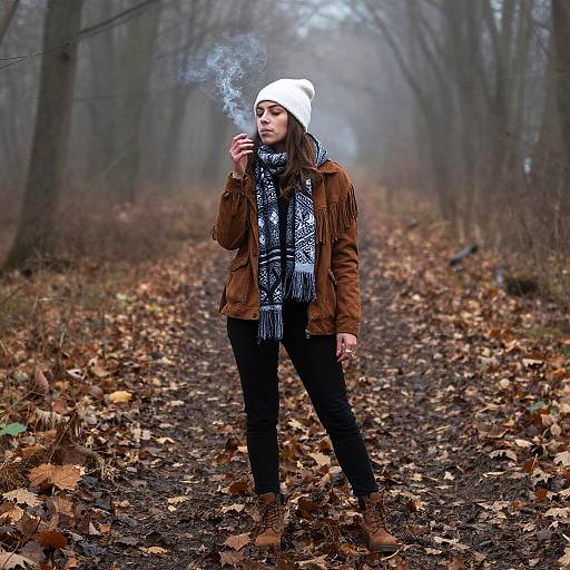 Young Woman Smoking on Foggy Forest Path