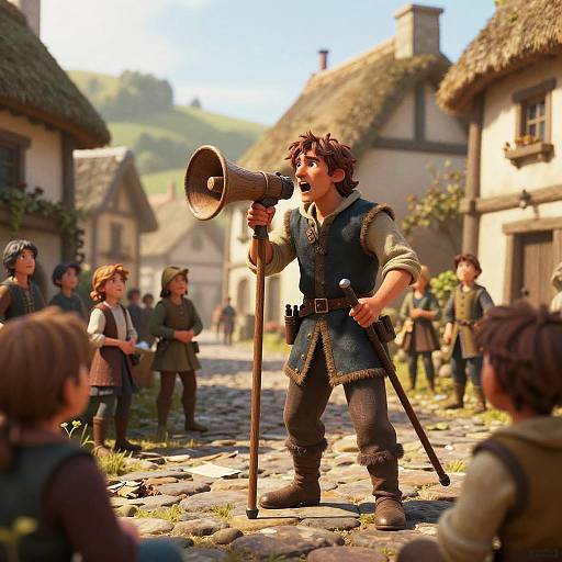 Digital CGI image of a young, brown-haired man in medieval attire, shouting into a horn in a sunlit, cobblestone village street with that