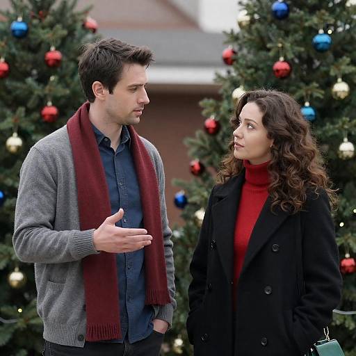 Couple Talking by Decorated Christmas Trees