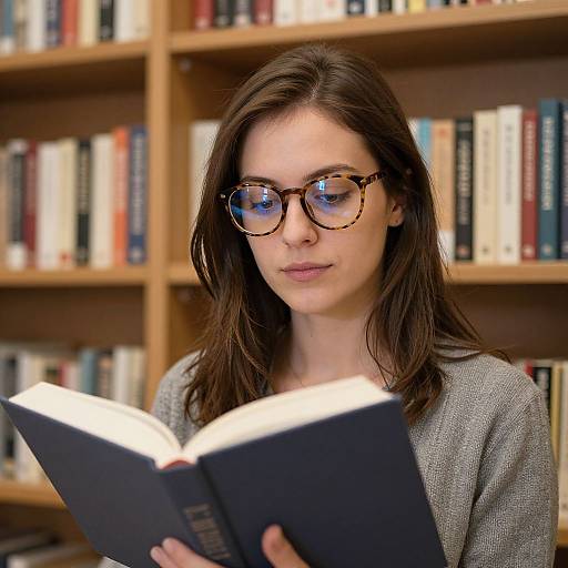 Photograph of a brown-haired woman with tortoiseshell glasses, wearing a grey sweater, reading a book in a library with wooden bookshelves