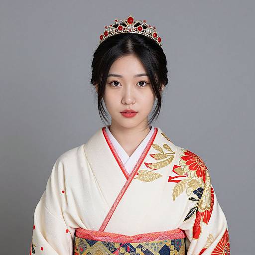 Photograph of an Asian woman with fair skin, black hair in a bun, wearing a white floral kimono, red obi, and a jew
