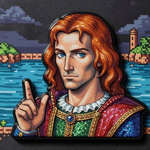 Digital pixel art of a stern-faced, long-haired red-haired man in a glittery, colorful medieval robe, raising his index finger, against a pixel