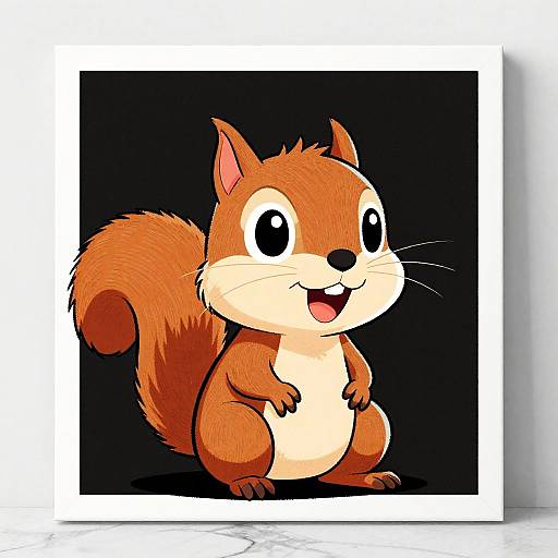 Cute cartoon squirrel with big eyes, orange fur, and white belly, stands smiling on a black background, framed with a white border. Digital illustration