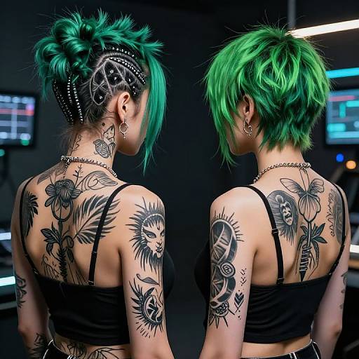 Cyberpunk Duo with Green Hair Tattoos