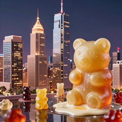 Photograph of a glowing, translucent bear-shaped ice sculpture in a cityscape at night, with illuminated skyscrapers and colorful candies surrounding it.