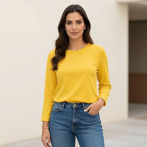 Photograph of a confident woman with long dark hair, wearing a bright yellow long-sleeve top and blue jeans, standing against a white wall.