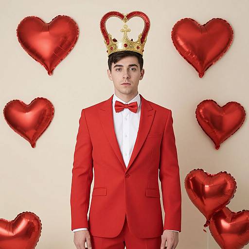 Photograph of a young man in a red suit, bow tie, and golden crown, standing against a white background with red heart balloons.