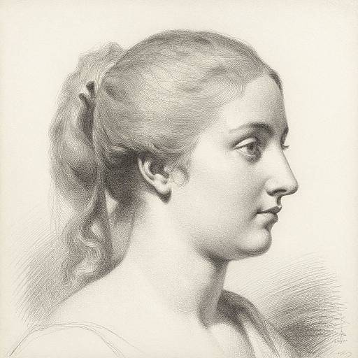 Black-and-white pencil drawing of a young woman in profile, facing right. She has light hair pulled back, delicate features, and a calm expression.