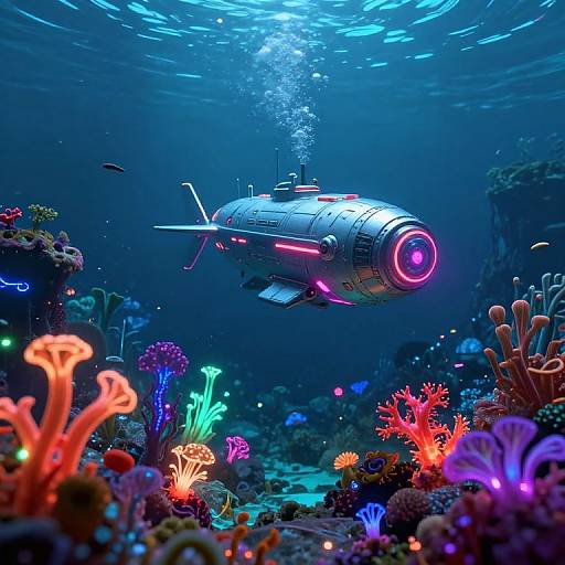 Photograph of a neon-lit, futuristic submarine exploring a vibrant, colorful underwater coral reef with glowing corals and diverse marine life.
