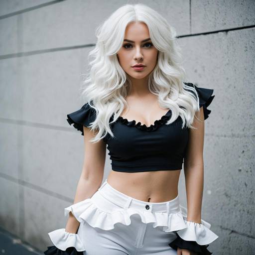 Stylish Blonde Woman in Black Crop Top and White Ruffled Pants