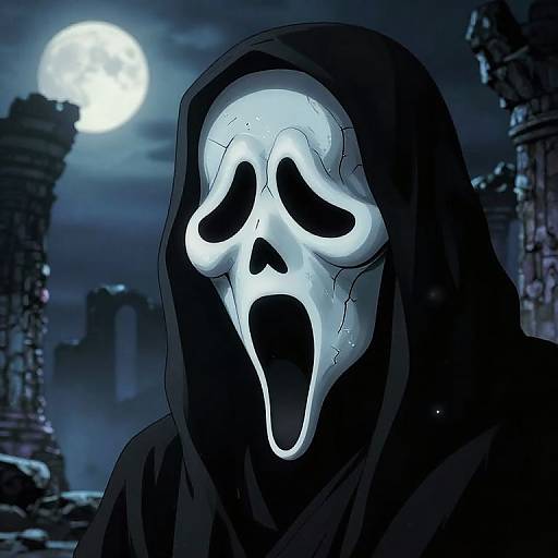 Digital art of a ghostly figure with a white, skull-like mask and black hood, standing under a full moon in a ruined, dark blue night