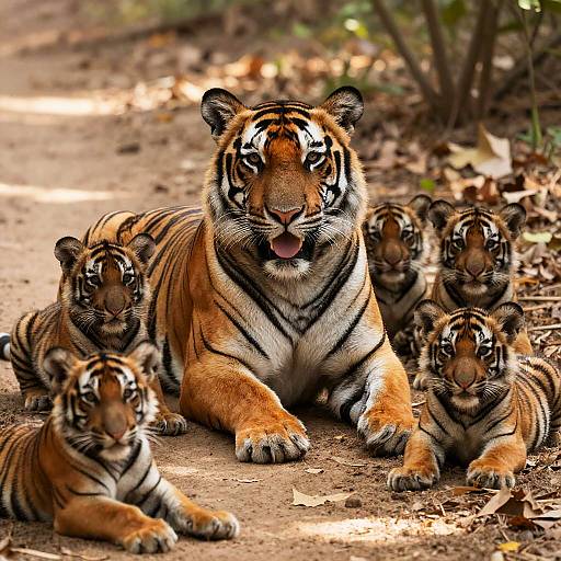 Majestic Bengal Tiger with Playful Cubs
