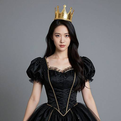 Photograph of an East Asian woman with long black hair, wearing a gold crown, black puffed-sleeve dress, and gold chain accents,