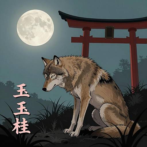 Wolf Under Full Moon with Torii Gate