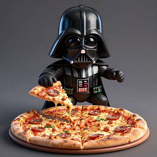 Photorealistic CGI of Darth Vader, in his iconic black armor, holding a slice of pepperoni pizza from a large, cheesy pizza.
