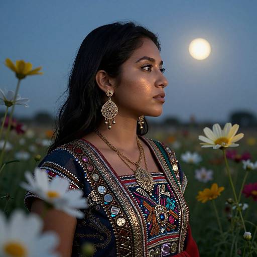Photograph of a woman with dark hair, wearing a colorful, embroidered top and ornate jewelry, looking at the moon in a field of flowers during
