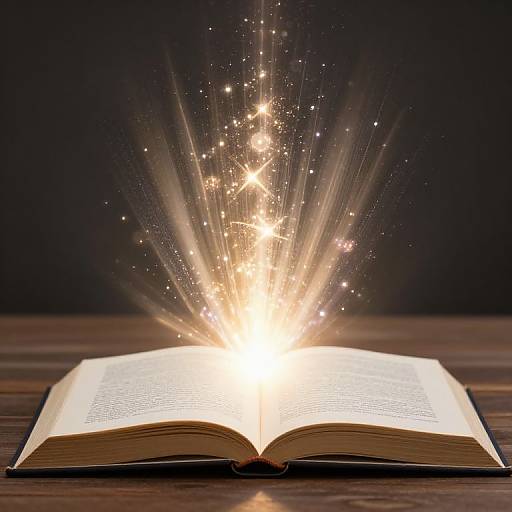 Open book on wooden table, emitting bright, sparkling light and stars, against dark background. Photographic image with magical effect.