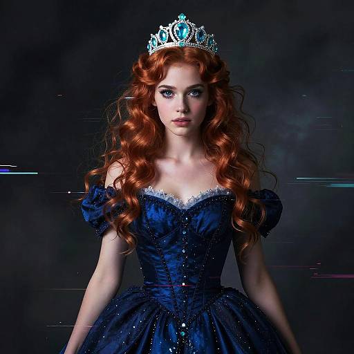 Photograph of a fair-skinned woman with long, wavy red hair, wearing a glittery blue off-shoulder dress and silver tiara
