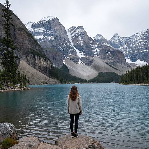 Photograph of a woman with long brown hair, beige jacket, and black pants, standing on rocky shore, facing snow-capped mountain range over serene