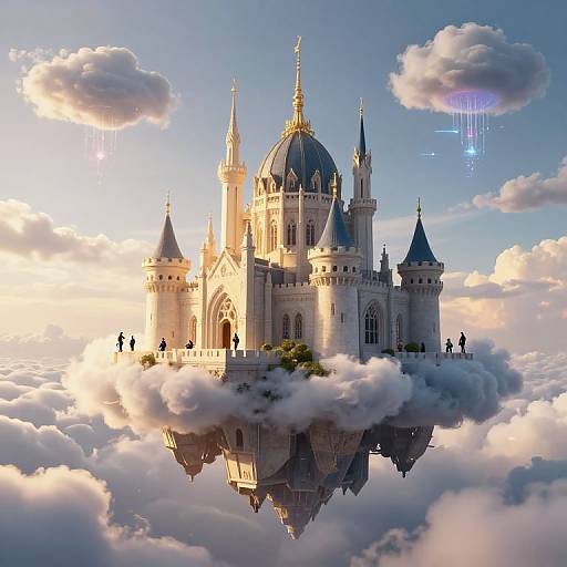 Digital illustration of a majestic, floating castle with a blue dome, surrounded by clouds, small silhouetted figures, and glowing clouds in a bright