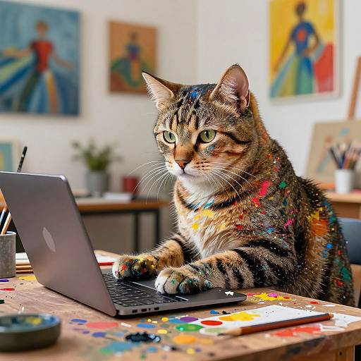Photograph of a tabby cat with colorful paint splatters on its fur, sitting on a wooden table with a laptop, surrounded by art supplies and