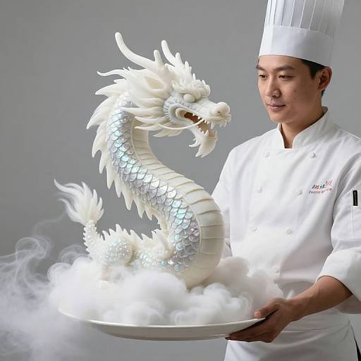 Photograph of an Asian male chef in white uniform holding a white, smoke-emitting, intricately detailed dragon cake with scales and flowing mane.