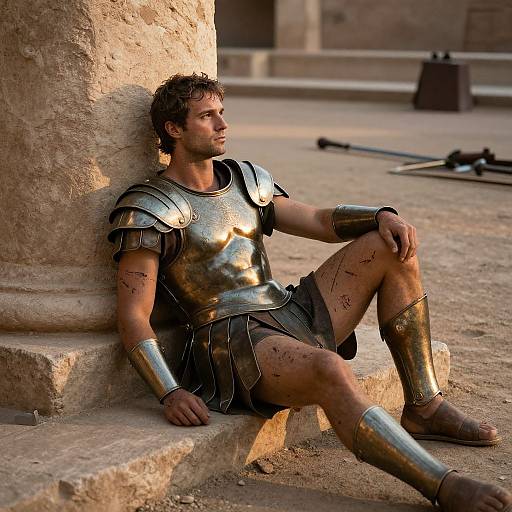 Photograph of a muscular, bearded man in golden Roman armor, sitting against a stone column, with blood-stained legs and weapons on the ground