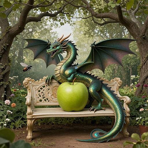 Digital fantasy artwork: Green, iridescent dragon with black wings lounges on ornate white bench, clutching oversized green apple, surrounded by lush