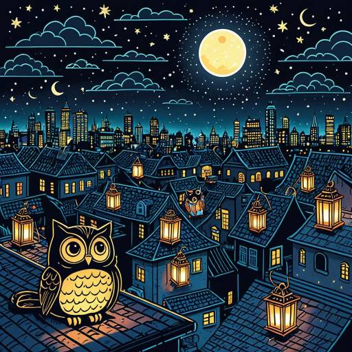 Charming Nighttime Cityscape with Owls and Lanterns