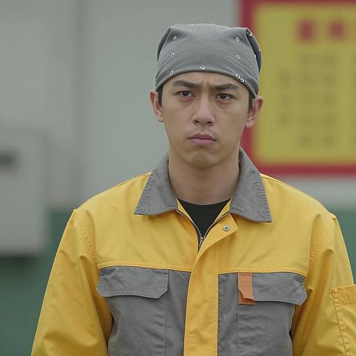Young Man in Yellow and Grey Work Clothes with Bandana