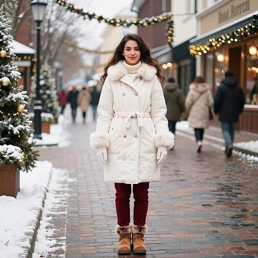 Photograph of a smiling young woman with long dark hair, wearing a white fur-trimmed coat, red pants, and brown boots, standing on