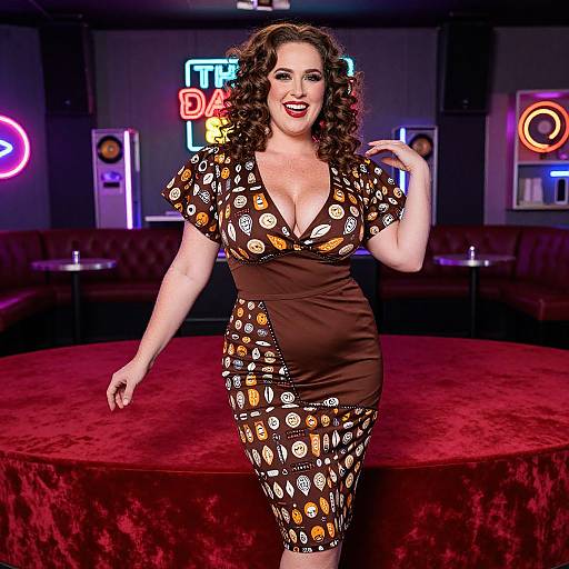 Curly-haired woman with fair skin in a brown, patterned, deep V-neck dress, smiling, stands on a red velvet round table in a
