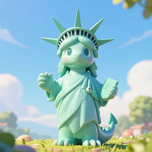 CGI image of a cute, chibi-style, green, dinosaur-like Statue of Liberty character standing on grass with a bright blue sky background.