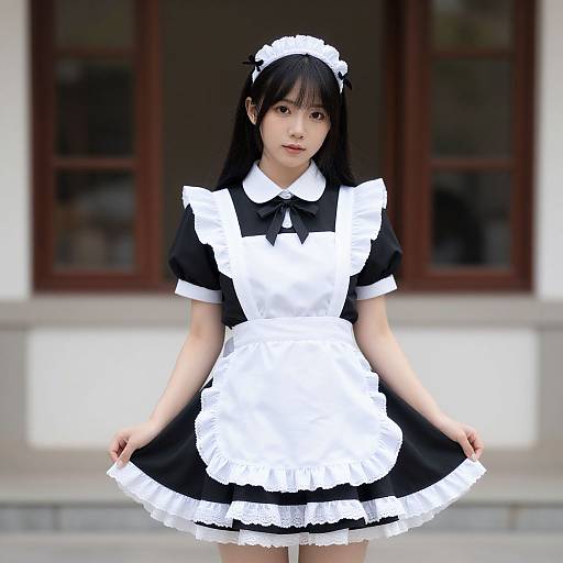 Photograph of an Asian woman with straight black hair in a French maid outfit, black and white dress, lace trim, white apron, and head
