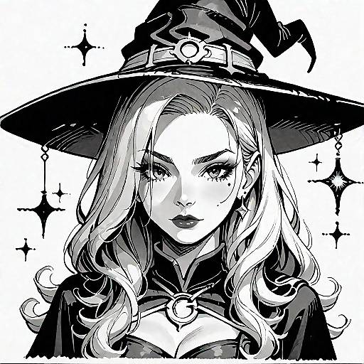 Monochrome Witch Illustration in Traditional Media