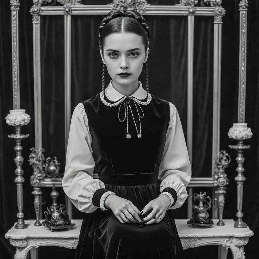 Woman in Classic Wednesday Addams Outfit
