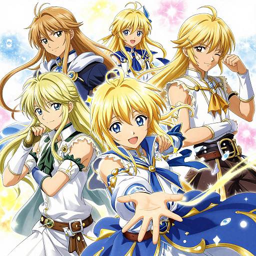 Digital anime-style illustration of five blonde-haired, blue-eyed characters in blue and white sailor uniforms, striking dynamic poses with colorful background.