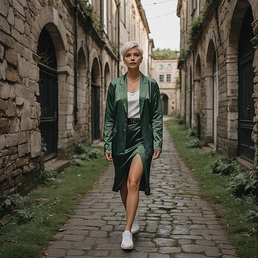 Urban Explorer in Satin Dress on Historic Lane