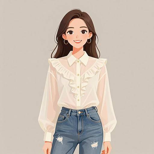 Digital anime-style drawing of a smiling woman with long dark hair, wearing a white ruffled blouse and blue distressed jeans.