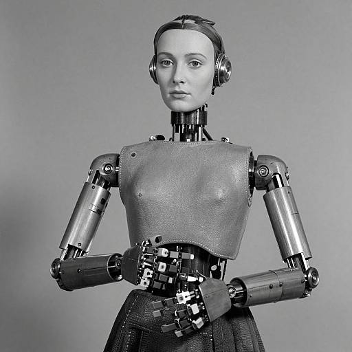 Photograph of a female humanoid robot with metallic joints, a textured chest plate, and a mechanical hand, standing against a plain gray background. Blue mon