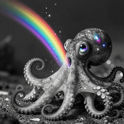 Digital artwork of a sparkling silver octopus with glowing blue eyes, emitting a vibrant rainbow from its mouth, against a dark, starry background with sparkling
