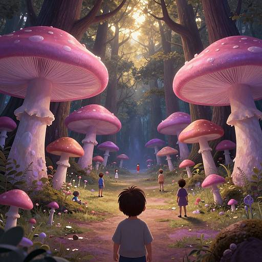 Digital illustration of a magical forest with enormous pink-and-white mushrooms, sunlight filtering through trees, and children exploring a glowing path.