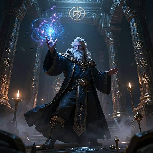 Digital fantasy artwork of a bearded wizard with glowing blue magic, dark robes, and intricate gold details, standing in a mystical, dimly-lit