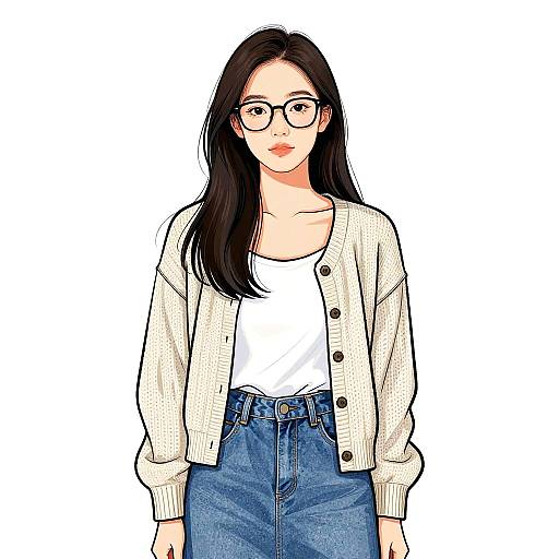 Digital illustration of an Asian woman with long black hair, glasses, white cardigan, white tank top, and blue high-waisted jeans.