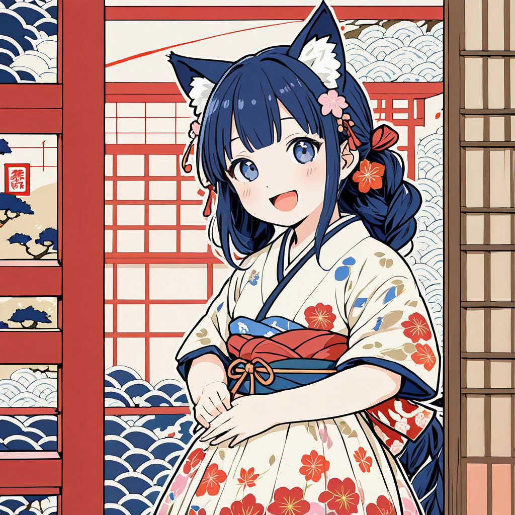 Giggling Catgirl in Traditional Ukiyo-e Style