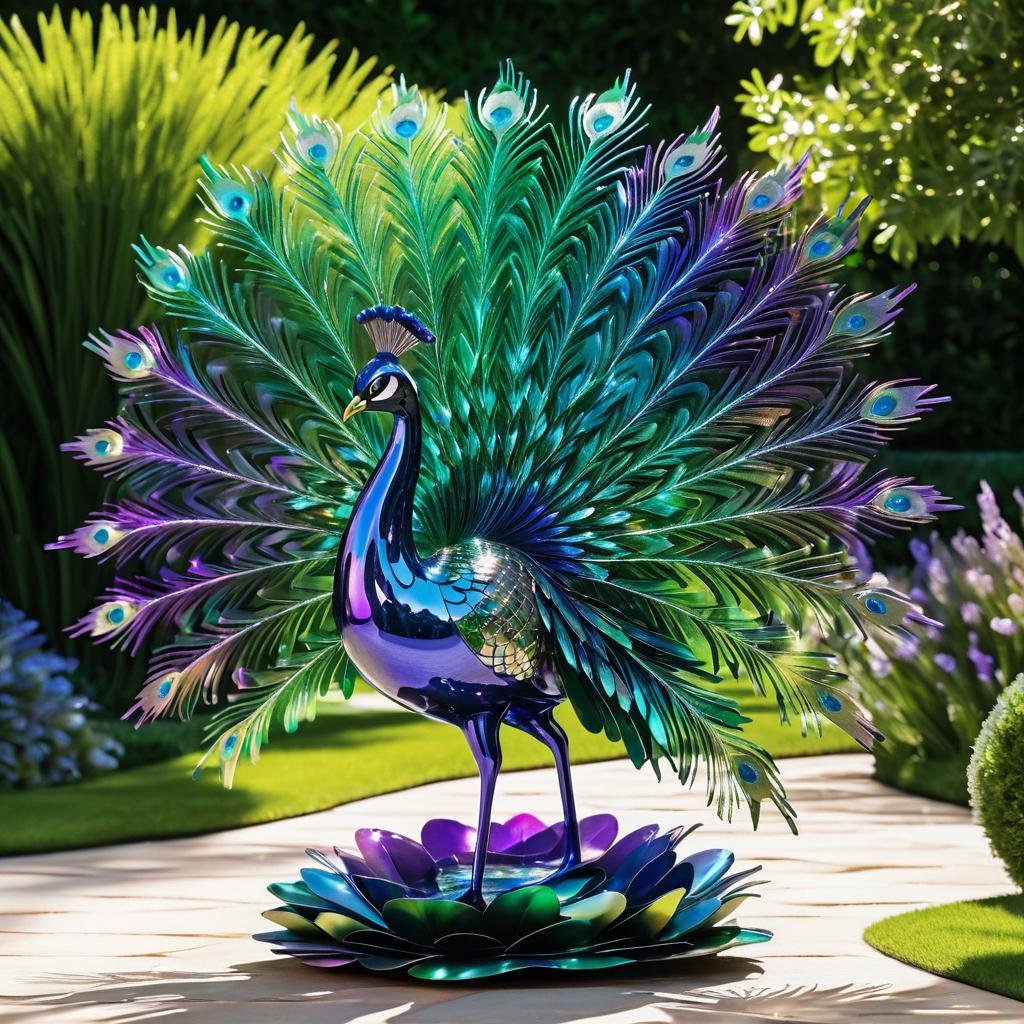 Iridescent Peacock Sculpture in Lush Garden