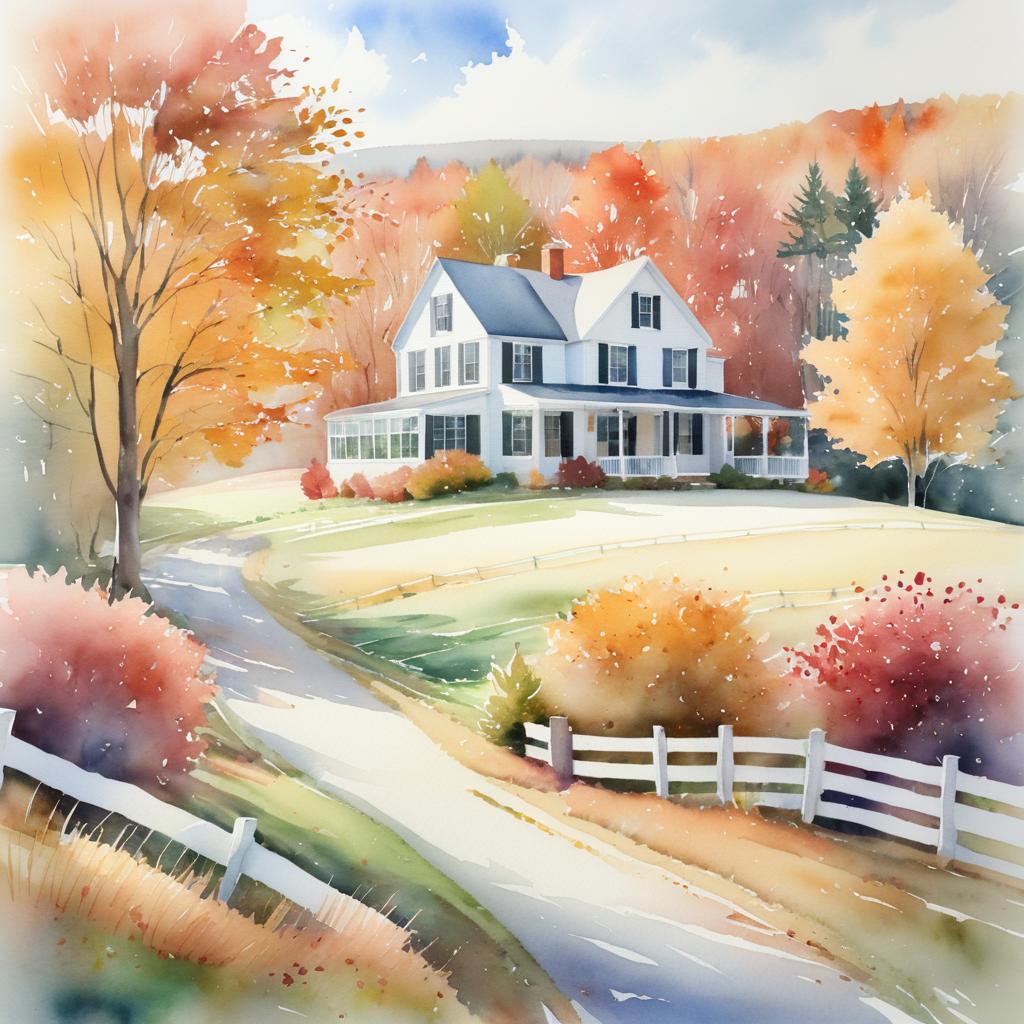 Tranquil New England Autumn Watercolor Scene