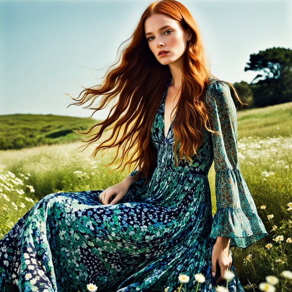 Freckled Redhead in Floral Maxi Dress